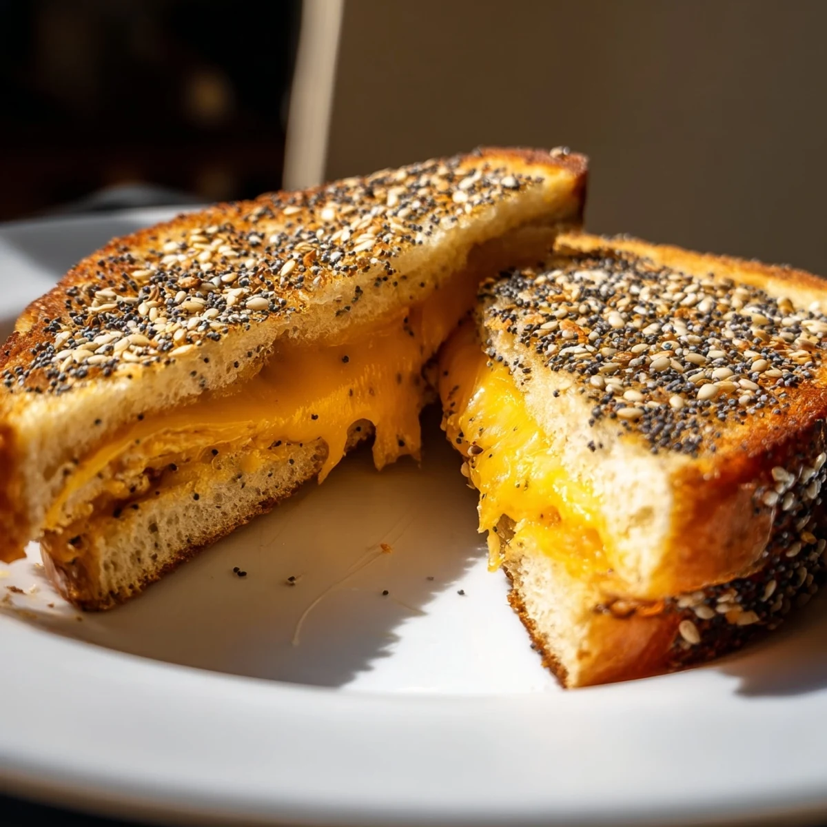Savory Everything Bagel Grilled Cheese: a comforting American meal featuring melted cheese and a crispy seasoning.