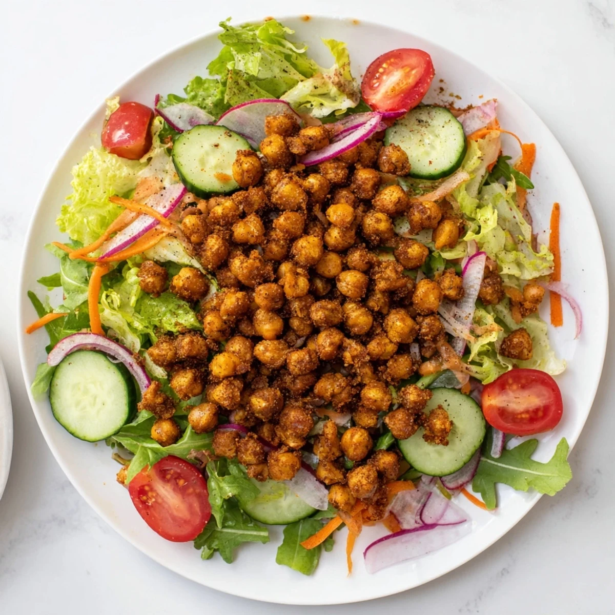 A close-up of Mixed Greens Salad with Crispy Chickpea Croutons, showing colorful, crunchy textures.