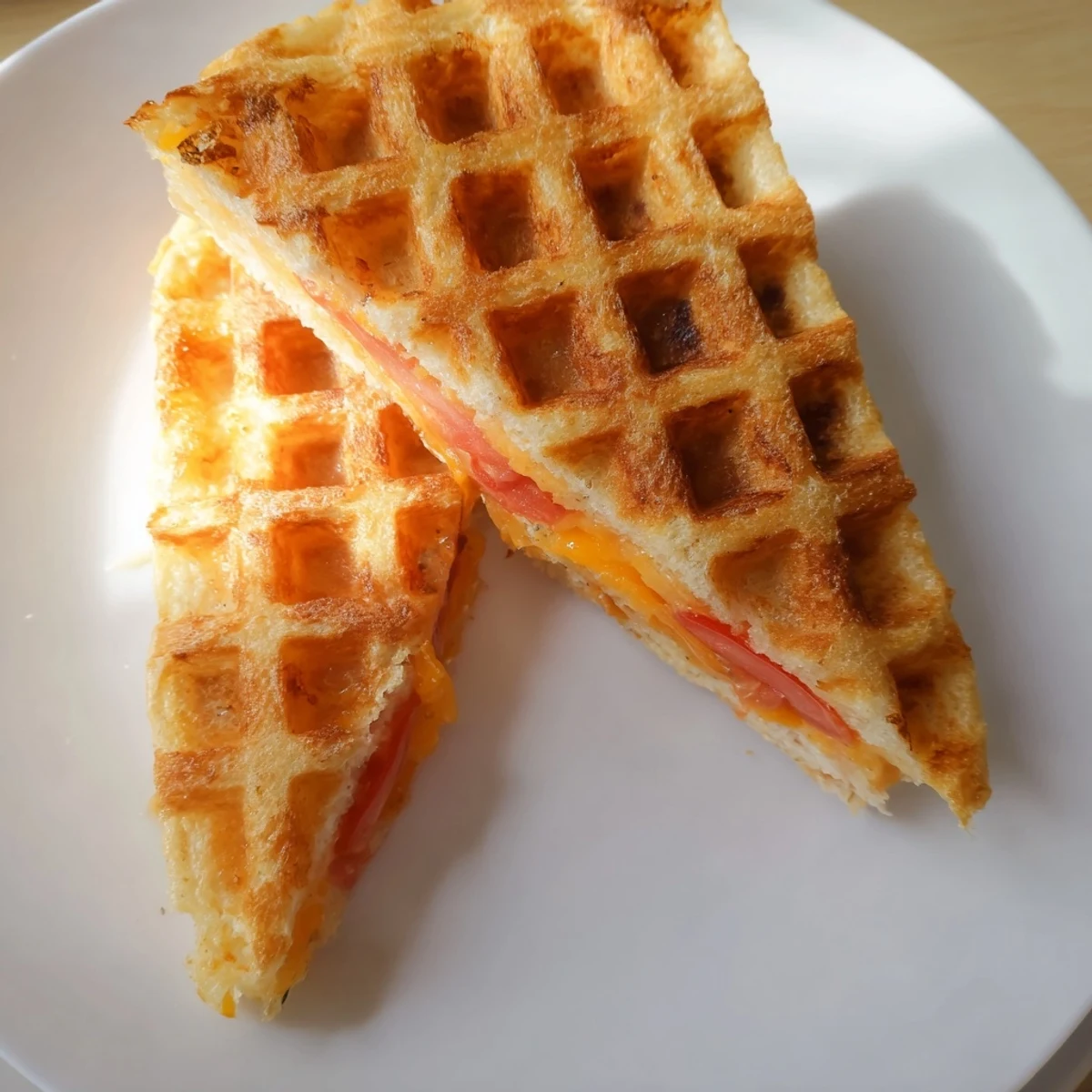 Perfectly cooked Waffle Grilled Cheese, featuring the iconic waffle pattern, oozing with delicious cheese.