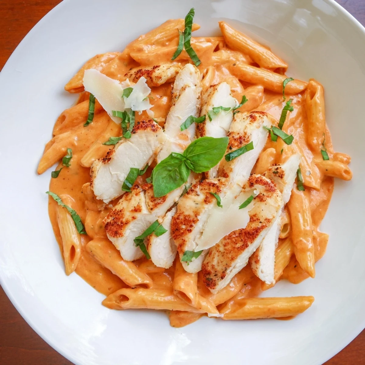 A close-up view of Creamy Tomato Basil Chicken Pasta showcasing tender chicken and creamy tomato sauce.