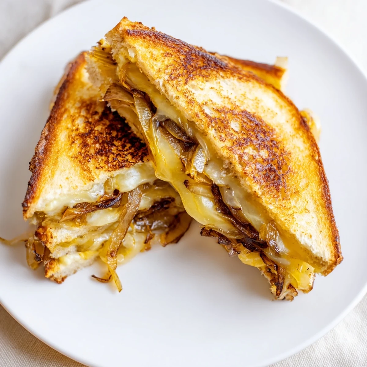 Golden, bubbly Caramelized Onion and Gruyère Grilled Cheese, oozing with melted Gruyère, ready to savor.