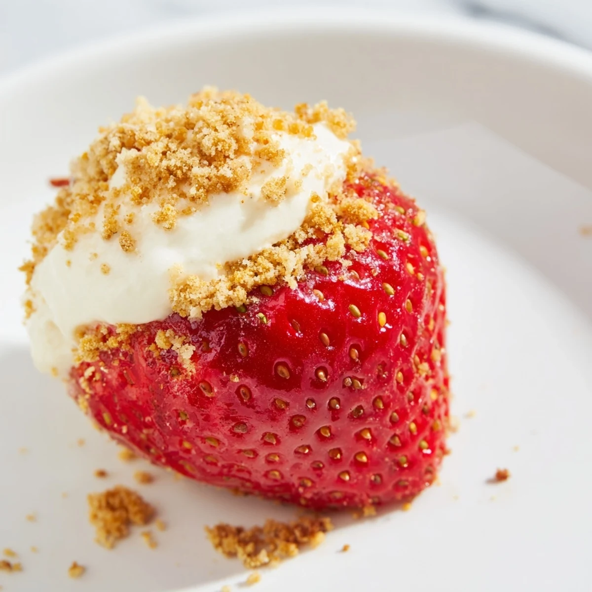 Fresh, vibrant Cheesecake Stuffed Strawberries, a perfect bite of creamy cheesecake inside a bright red berry.