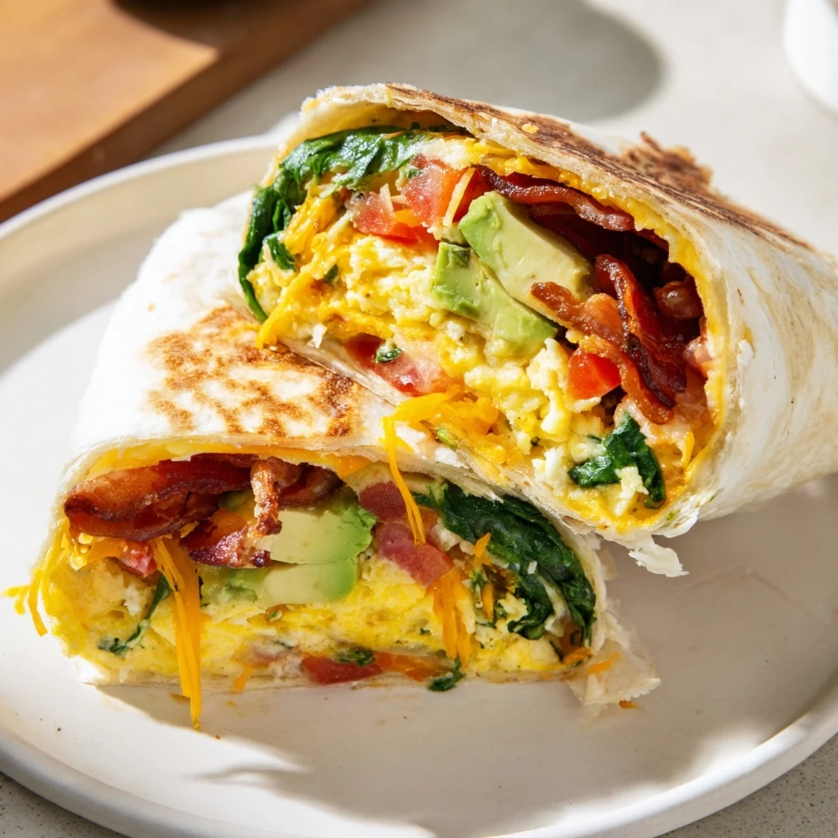 Golden-brown, crispy breakfast wrap, a perfect handheld morning meal packed with delicious bacon.