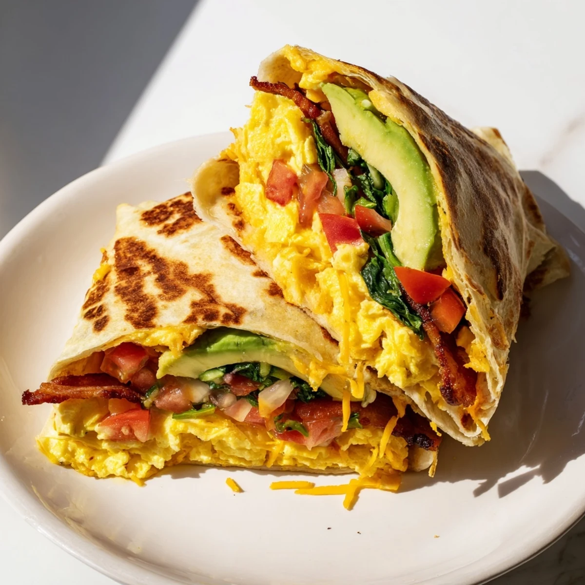 A folded and crisped Crispy Breakfast Wrap with melted cheese, eggs, and fresh veggies ready to eat.