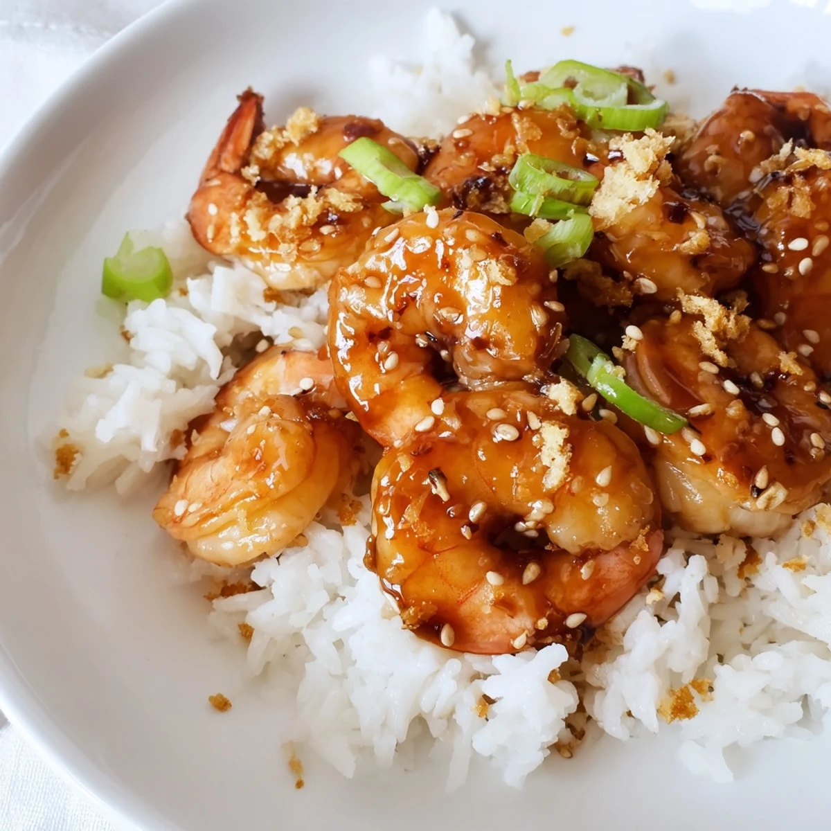 Steaming Honey Garlic Shrimp plated with rice, a quick and satisfying dinner with a glistening glaze.