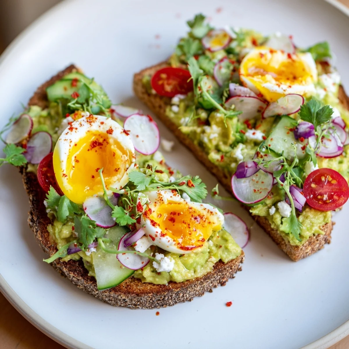 Flavorful loaded avocado toast brightens the day with a creamy avocado base and colorful toppings.