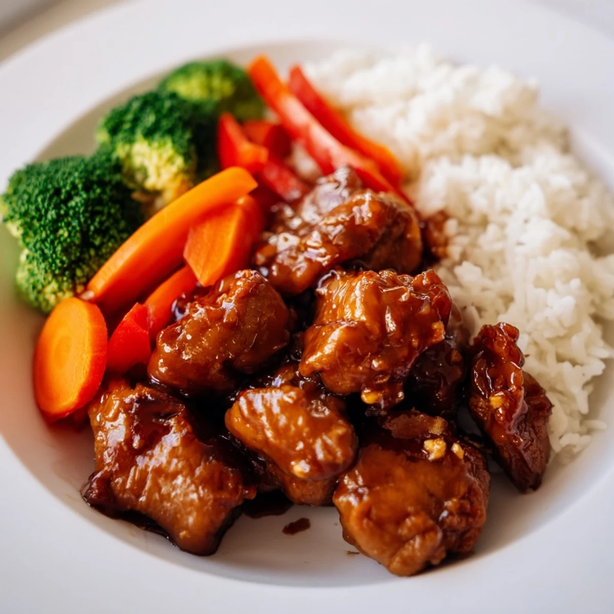 Steaming bowl of flavorful teriyaki chicken rice, with glistening chicken and vibrant vegetables, perfect to make for dinner.