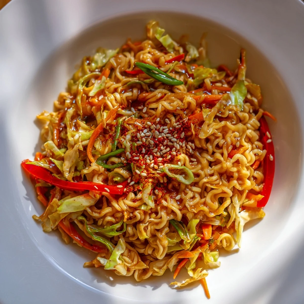 Steaming Spicy Ramen Stir Fry with vibrant veggies and a glistening, savory sauce, ready to eat.
