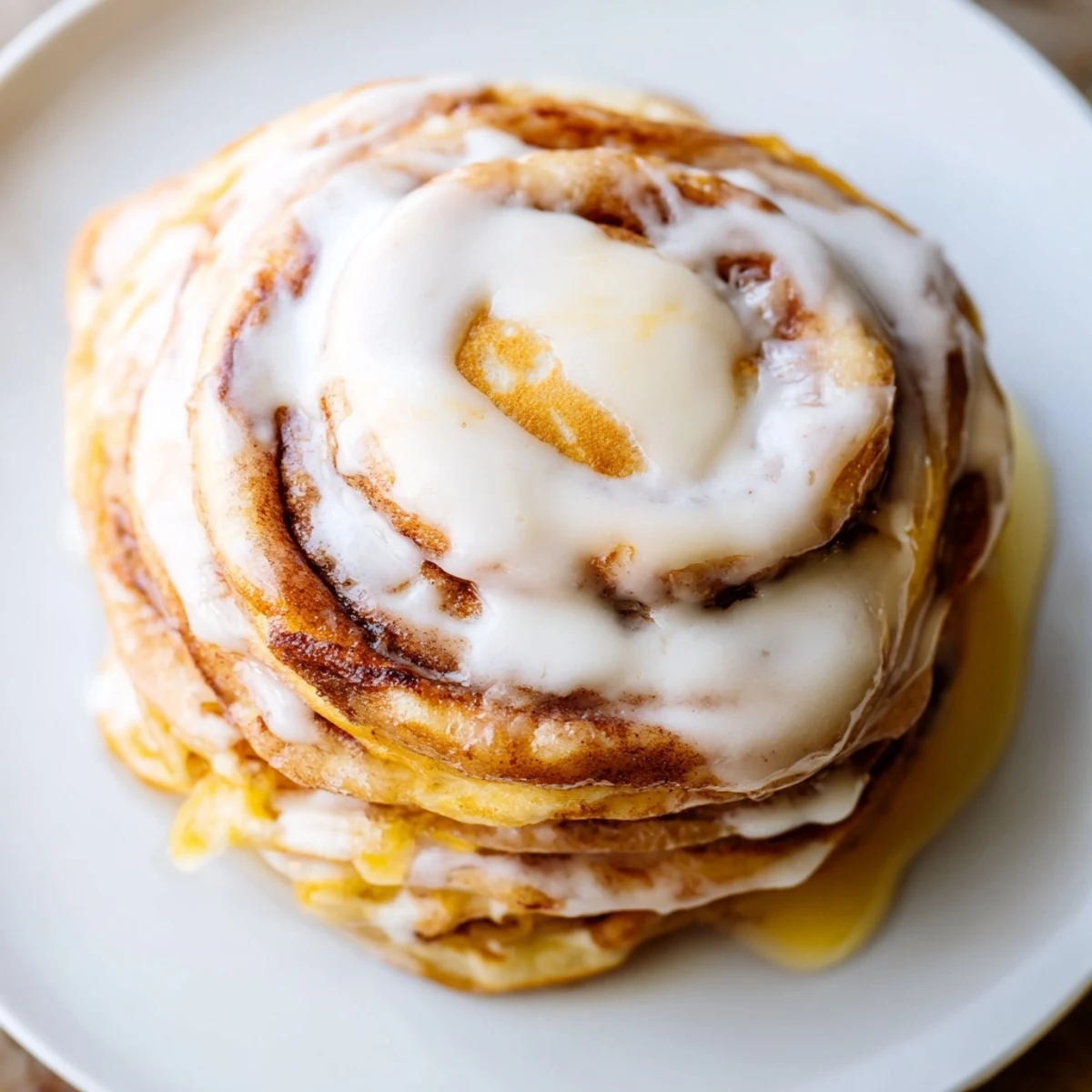 Golden-brown Cinnamon Roll Pancakes drizzled with sweet cream cheese frosting, a delightful brunch dish.