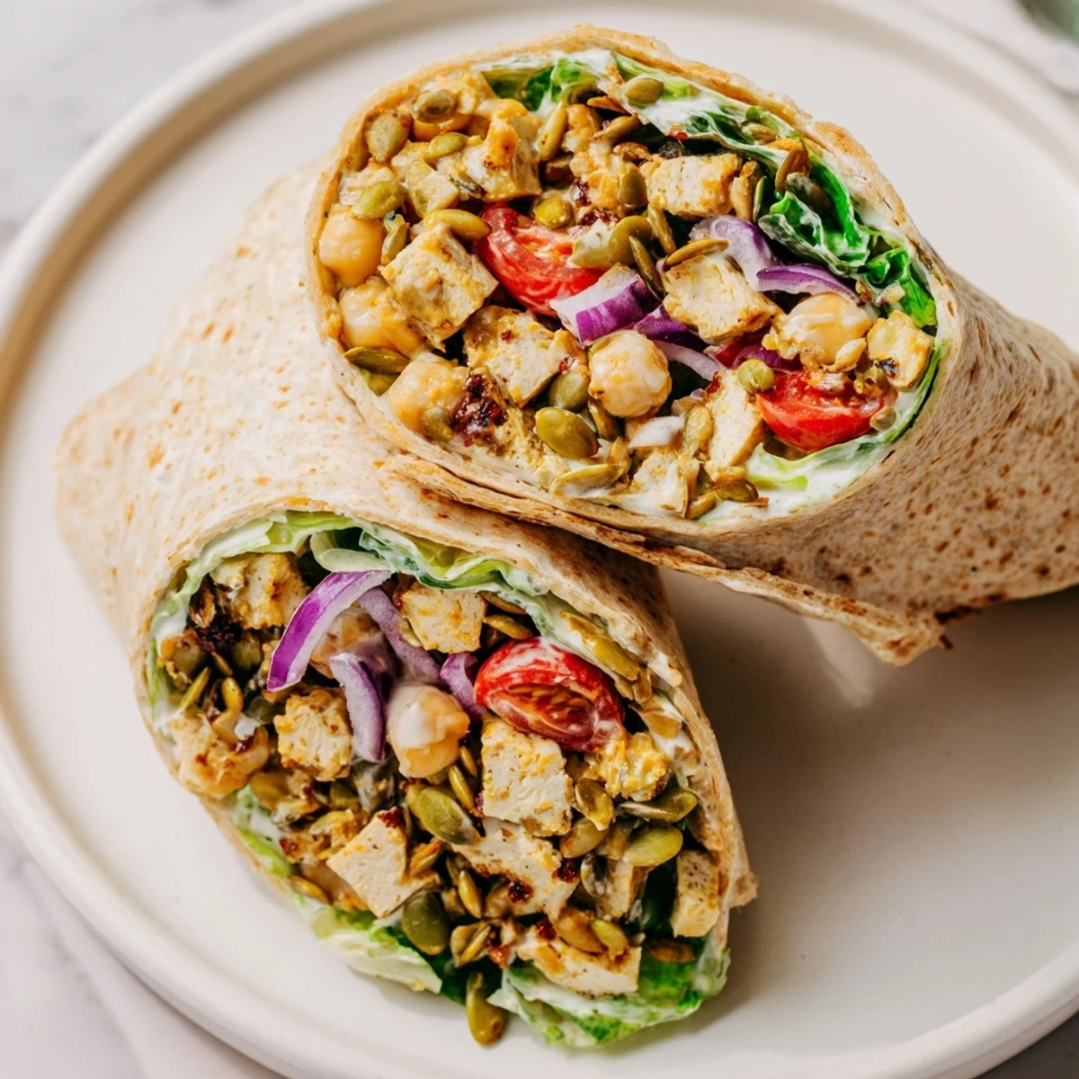 High-Protein Chicken-less Caesar Wrap, ready to eat, featuring fresh romaine and creamy dressing.