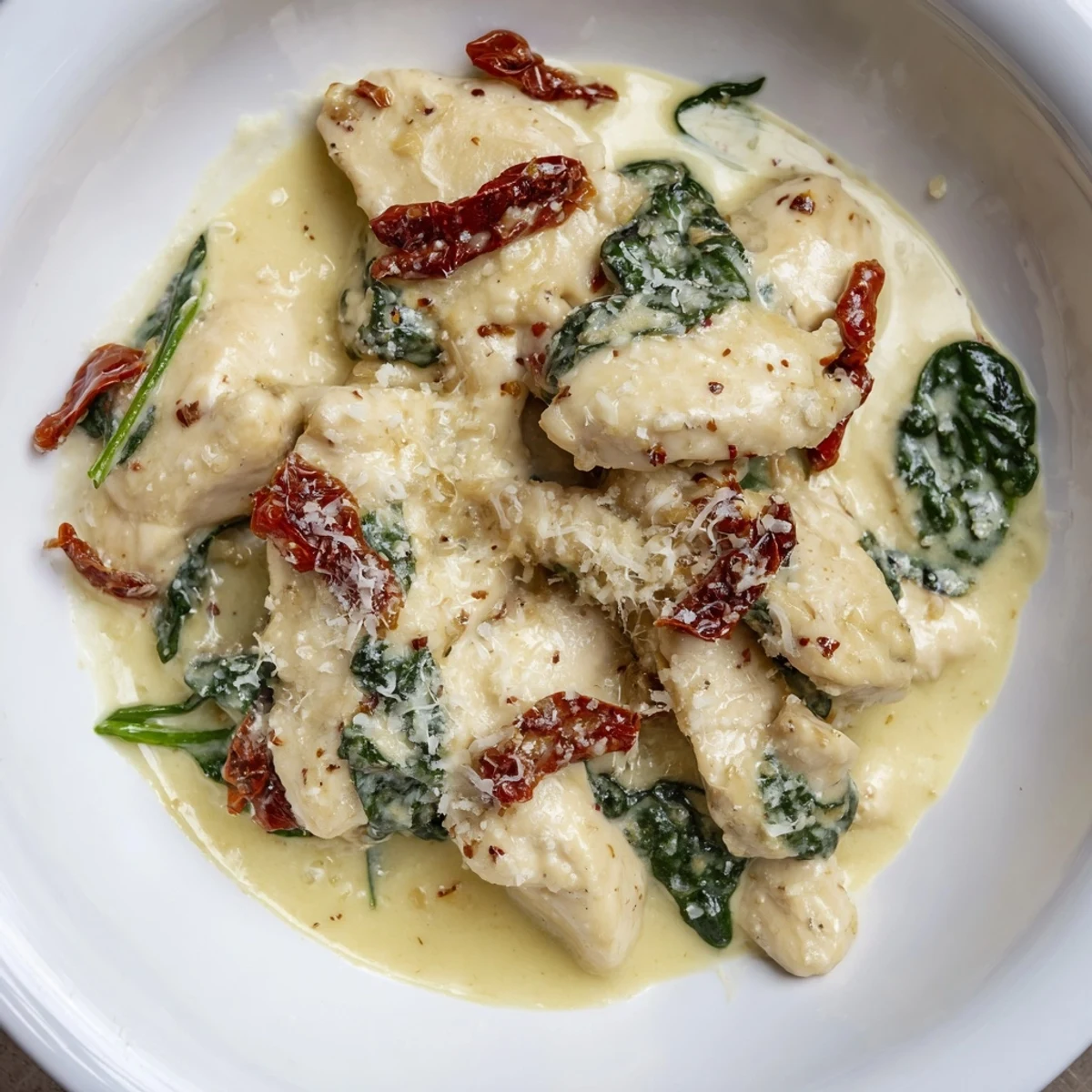 This Creamy Tuscan Chicken recipe shows tender chicken in a creamy, Parmesan-infused embrace.