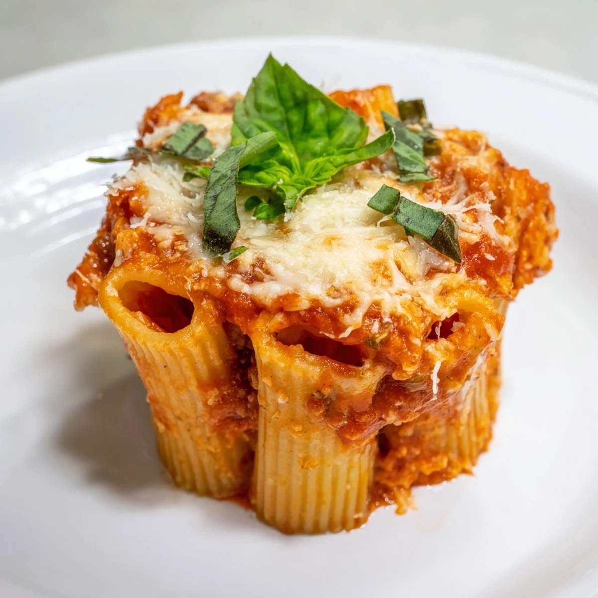 Golden, bubbly baked ziti cups with a cheesy, tomato-rich interior, fresh from the oven.