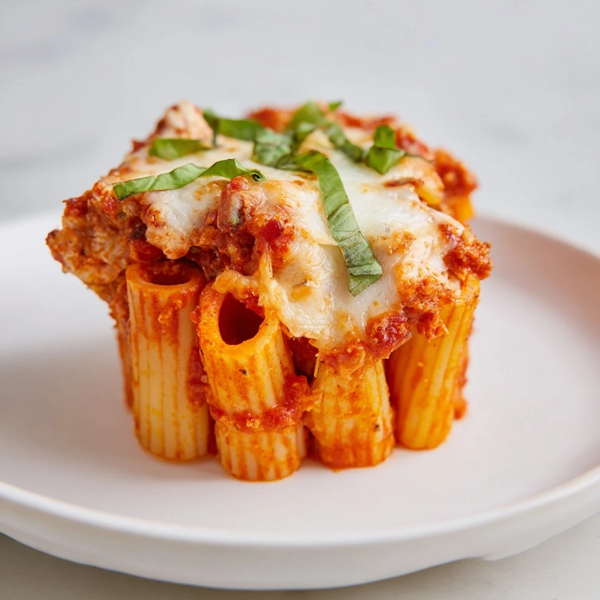 A close-up of individual baked ziti cups, each loaded with melted mozzarella and rich tomato sauce.