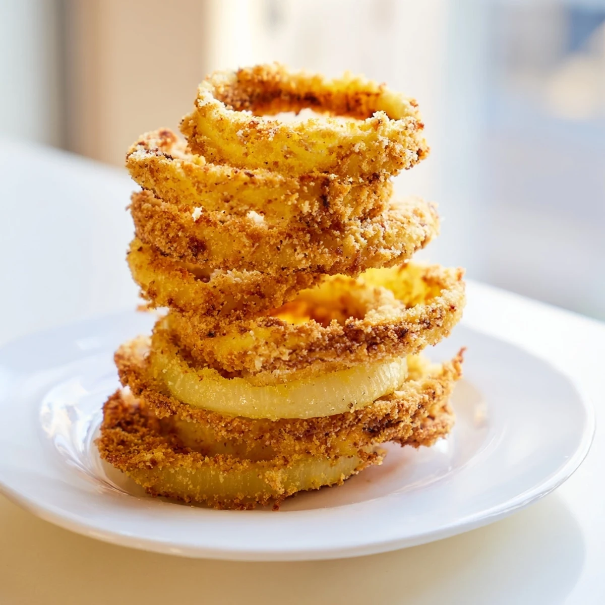 Golden, crispy Crispy Onion Ring Tower, stacked high, ready for dipping into creamy sauces.