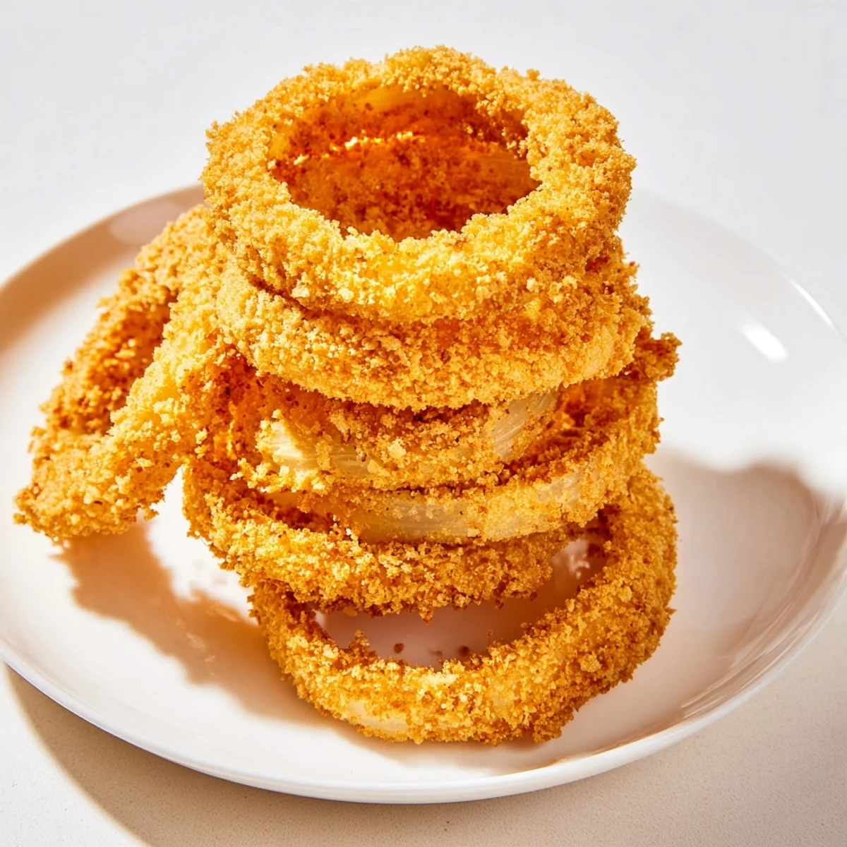 A close-up of a perfectly fried Crispy Onion Ring Tower, showcasing the beautiful golden-brown batter.