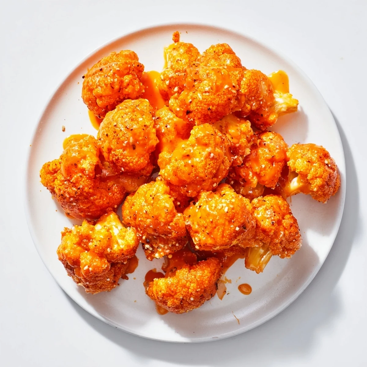 A plate of delicious Buffalo Cauliflower Bites, perfectly cooked and tossed in a vibrant sauce.