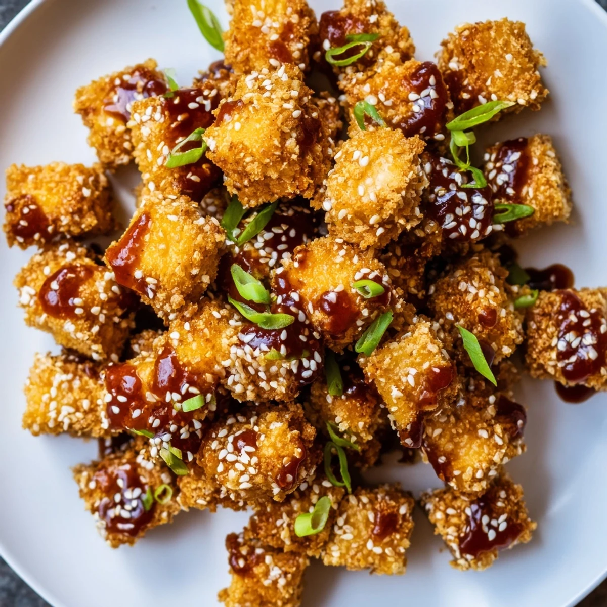 Golden, air-fried Honey Sriracha Tofu Nuggets, coated in a sweet and spicy sauce.