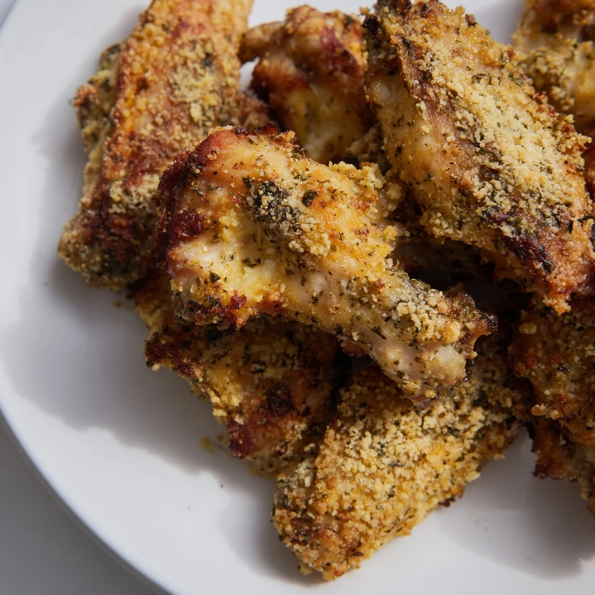 Close-up of freshly baked Parmesan Chicken Wings; crispy and perfectly coated for a fantastic appetizer.