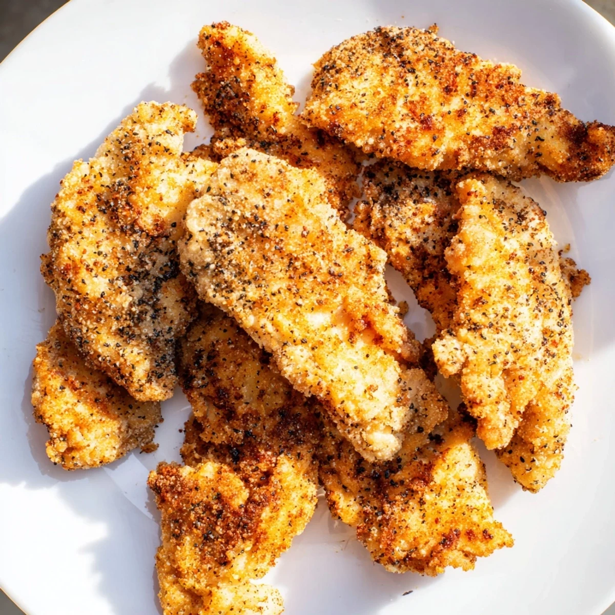 Close-up of succulent buttermilk fried chicken tenders, perfectly fried to a lovely, crunchy texture.