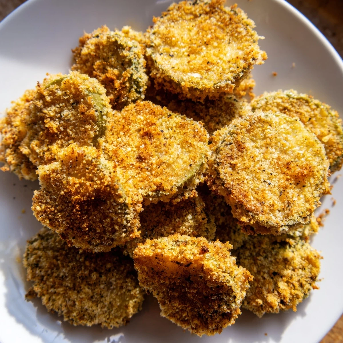 Crunchy coating on crispy fried pickles, with a spicy kick, ready to serve as a tasty appetizer.