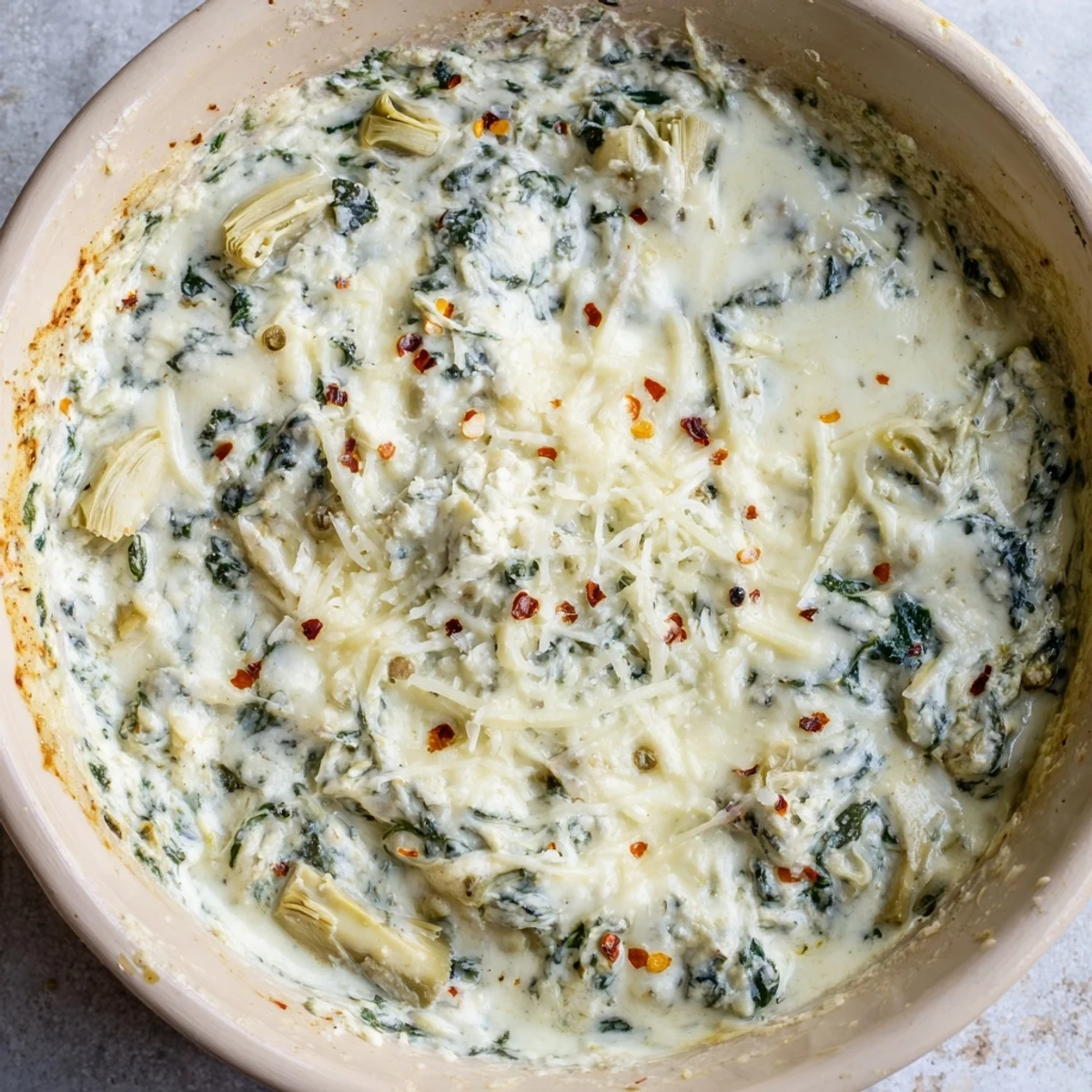 Spinach Artichoke Dip, bubbly and golden, served with crispy tortilla chips for dipping.