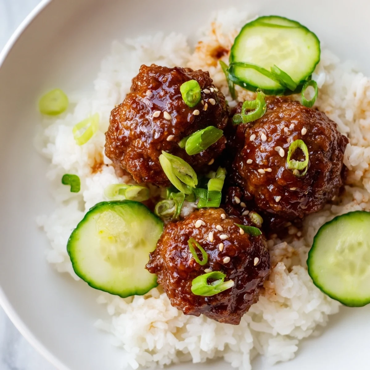 Easy-to-make teriyaki meatball bowls ready to enjoy with savory meatballs and a luscious teriyaki sauce.