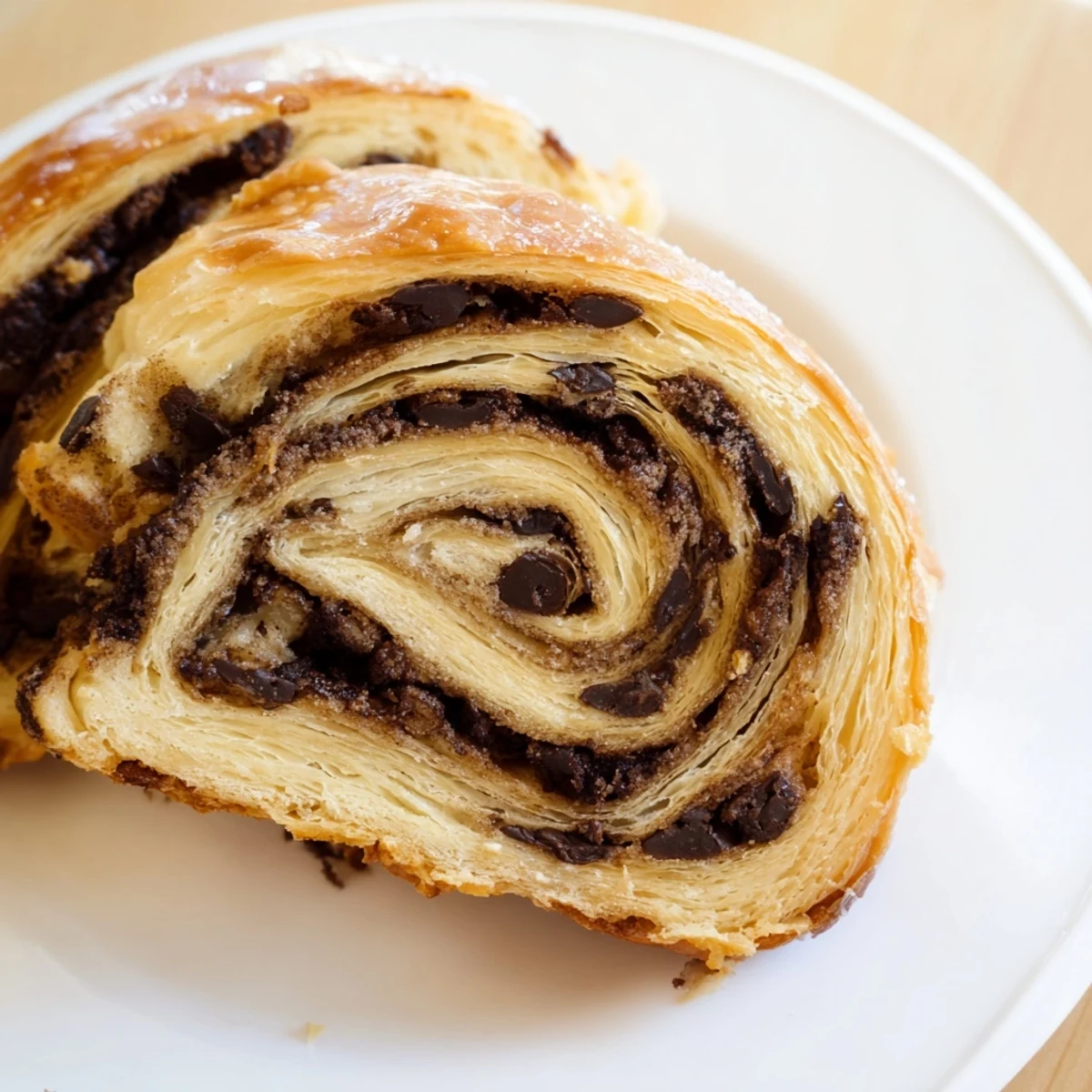 Close-up of a perfectly baked crookie, highlighting the melty chocolate chips and flaky croissant texture.