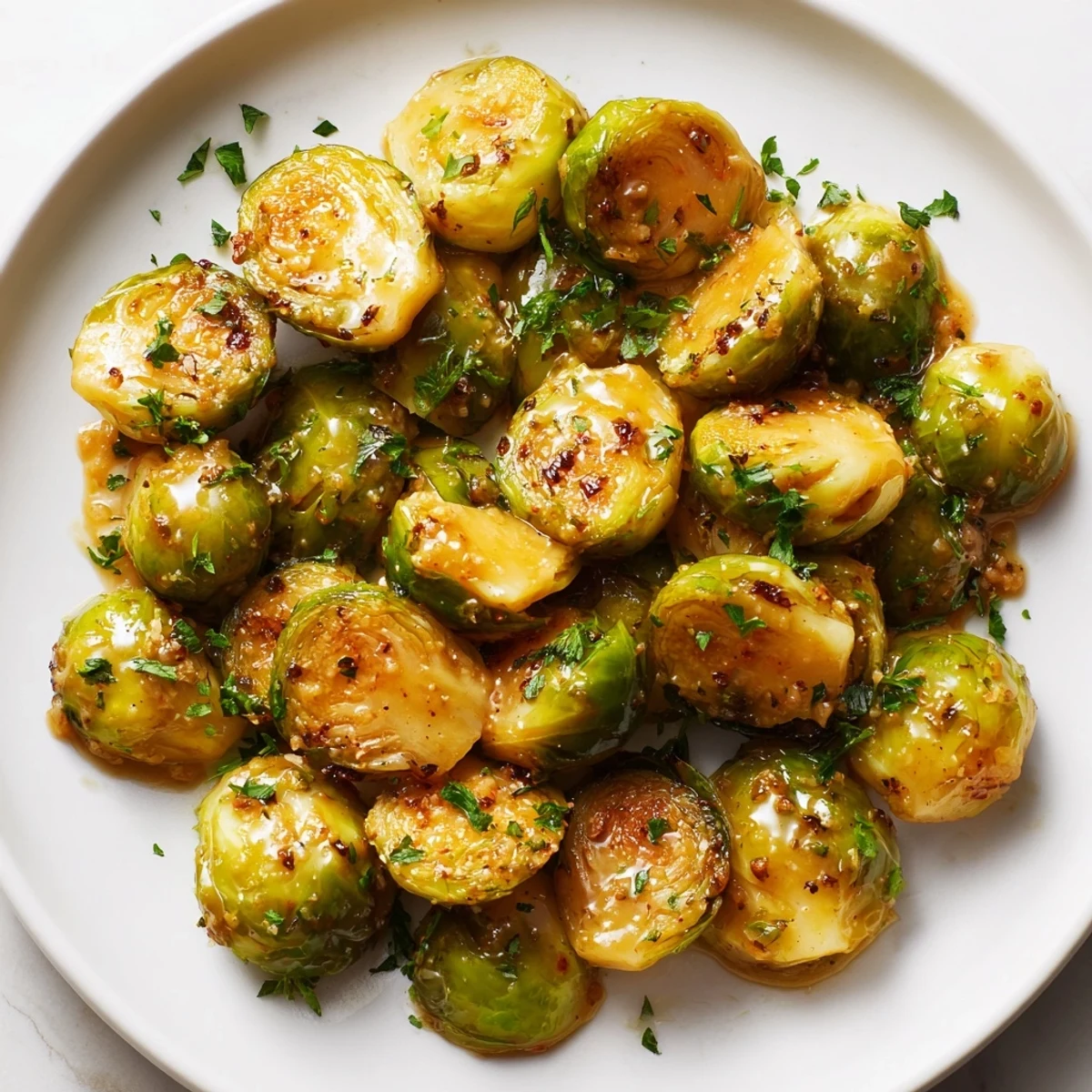 A close-up of golden honey mustard glazed Brussels sprouts, perfectly roasted and caramelized for a flavorful bite.