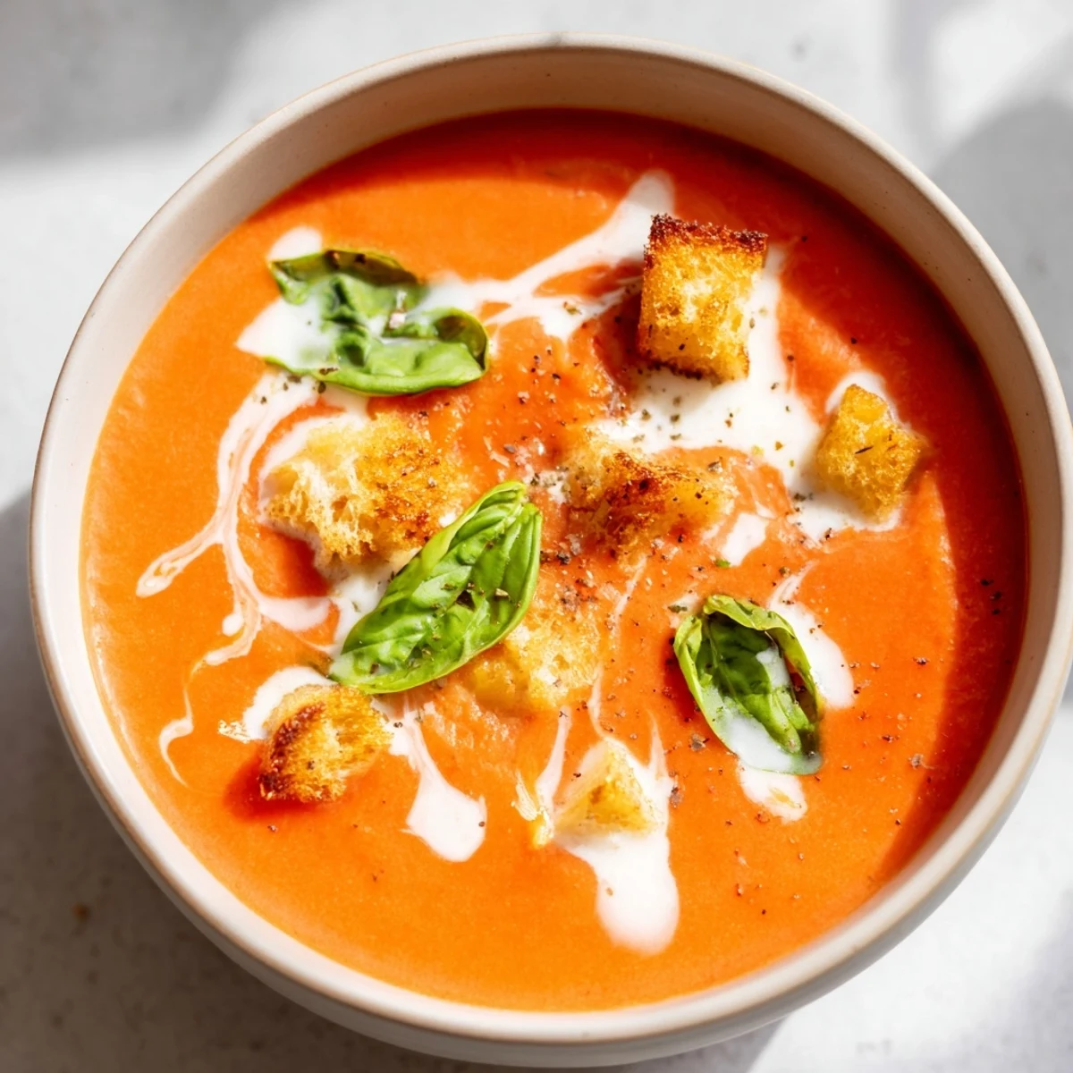 Warm bowl of Creamy Roasted Garlic Tomato Soup, garnished with fresh basil and croutons.