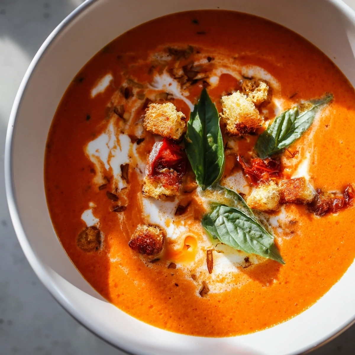 A close-up view of creamy, flavorful Creamy Roasted Garlic Tomato Soup, perfect for a cozy dinner.