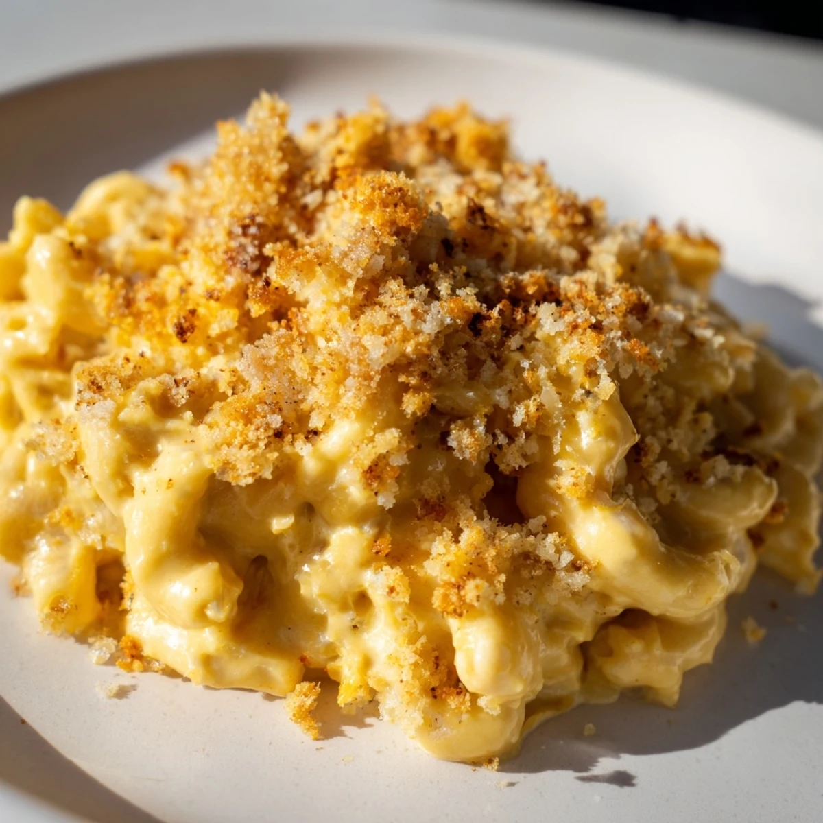 A steaming bowl of Pumpkin Mac & Cheese, with a golden, bubbly cheese and pumpkin sauce.