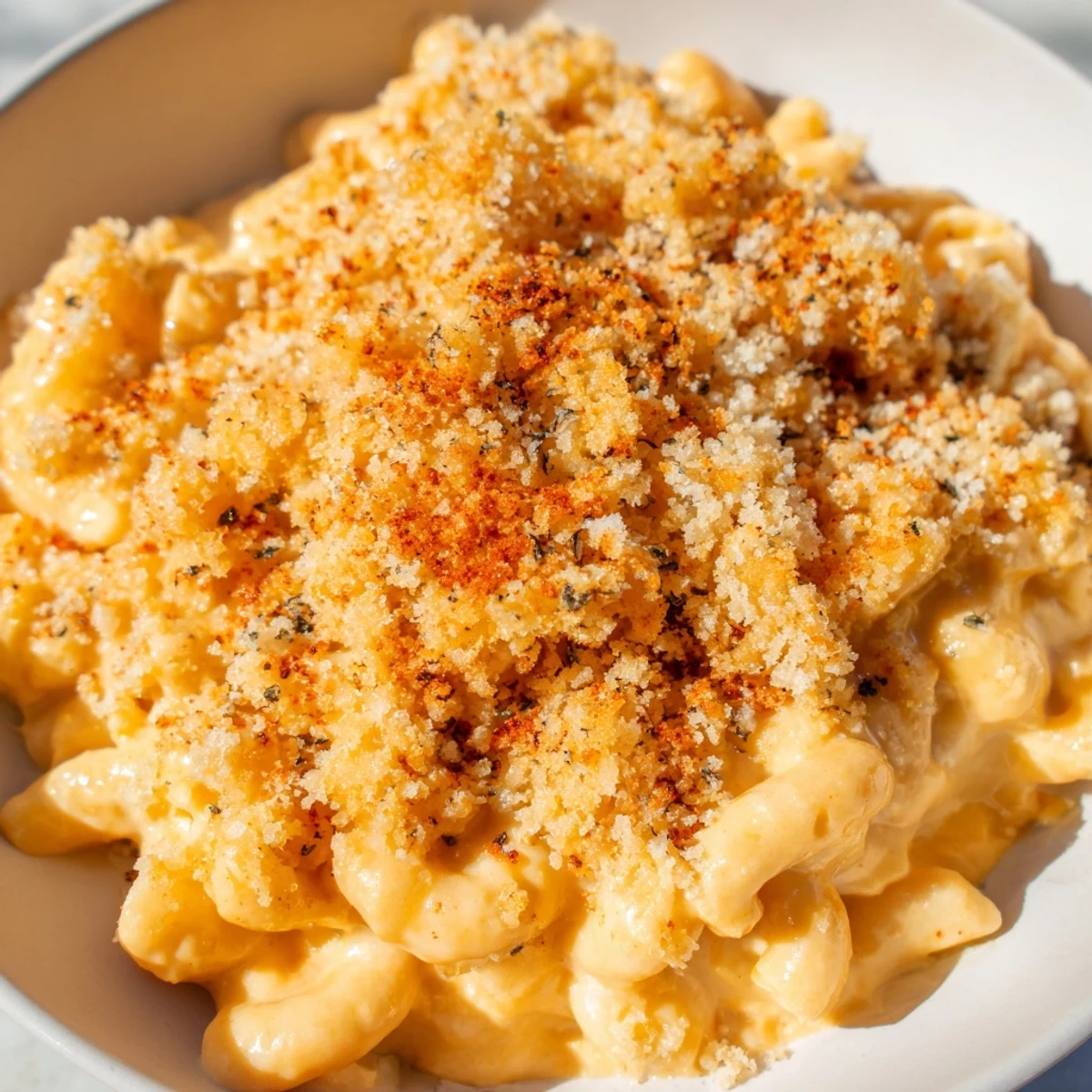 Close-up shot of rich and flavorful Pumpkin Mac & Cheese, perfect for a cozy autumn dinner.