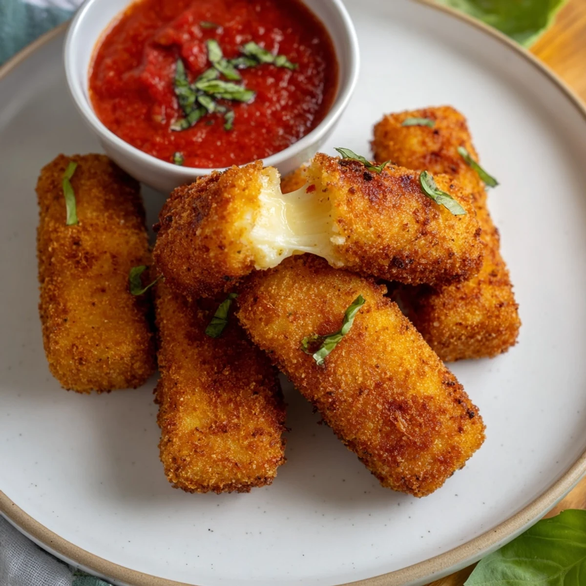 Golden-brown air fryer mozzarella sticks, perfect for dipping in warm marinara sauce.