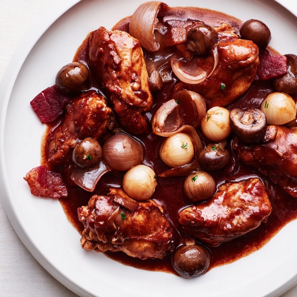Tender Coq au Vin, a rich French stew, featuring chicken, mushrooms, and bacon in a red wine sauce.
