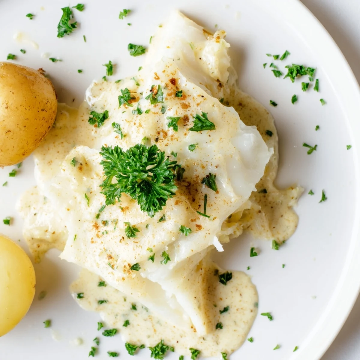 Flaky Norwegian Lutefisk with a creamy mustard sauce, served with potatoes and crispbread.