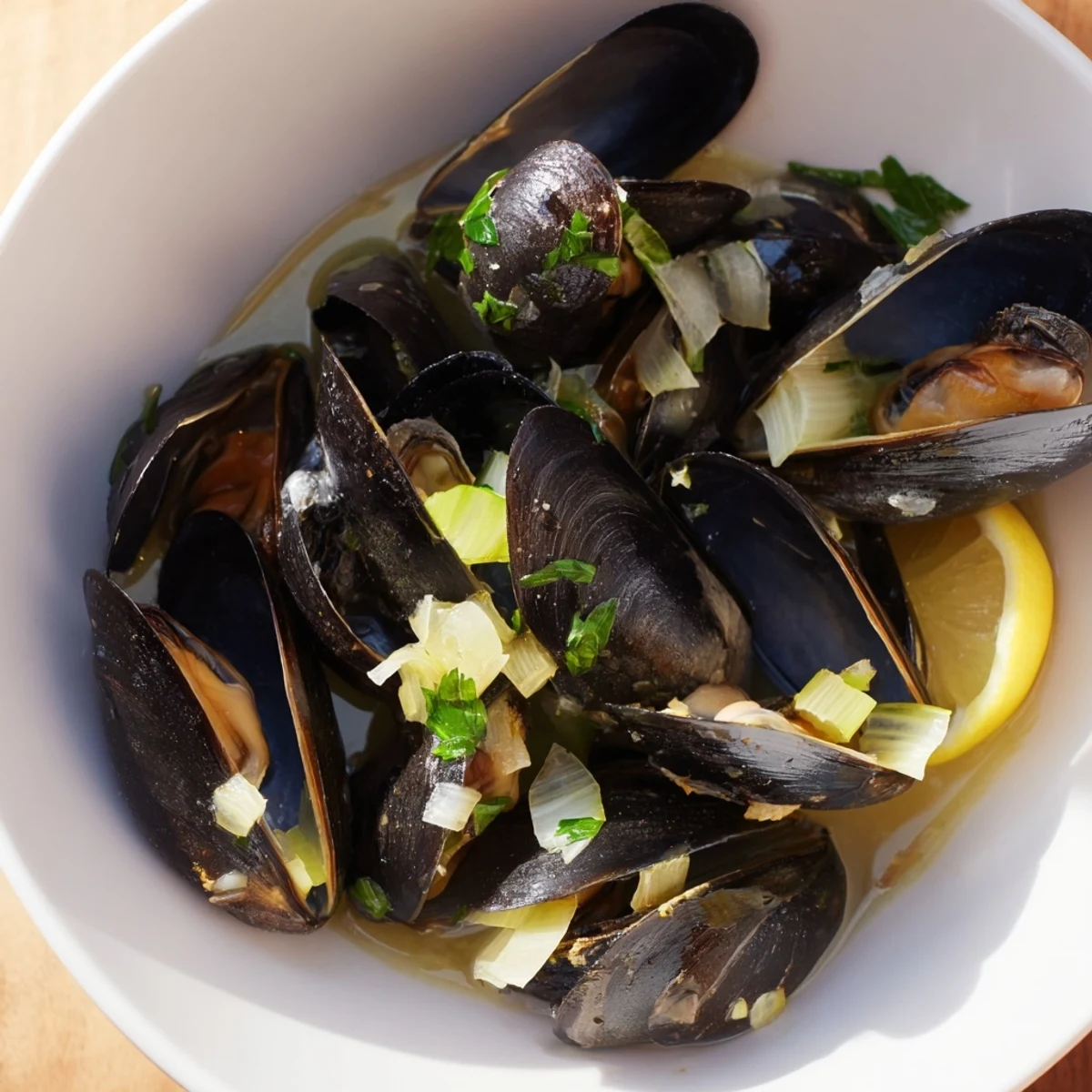 Steaming Belgian Moules Marinière, these plump mussels are bathed in a savory white wine broth.