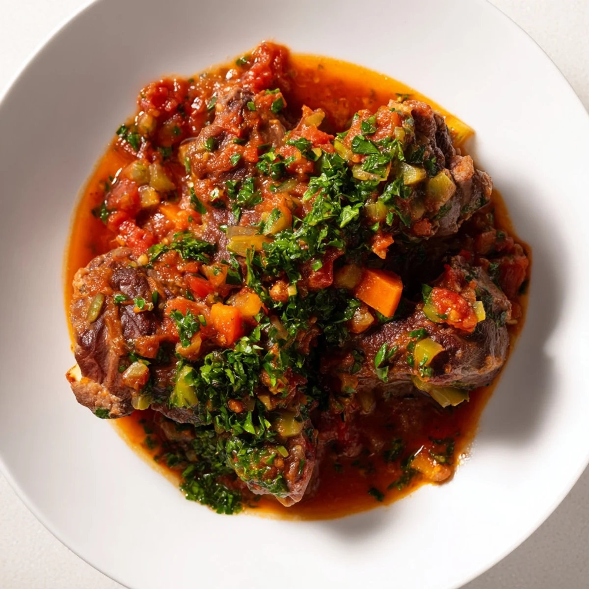 Tender Osso Buco served in a rich sauce, perfectly plated, with fresh parsley garnish ready to savor.