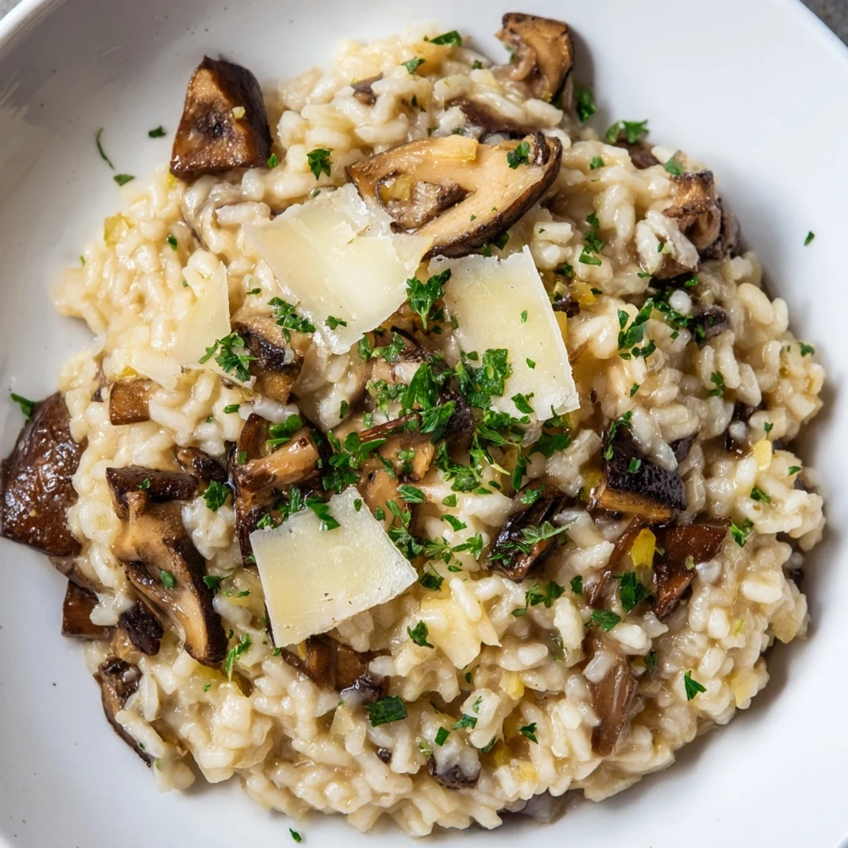 Creamy Italian Mushroom Risotto, topped with fresh parsley, looks divine and ready to eat.