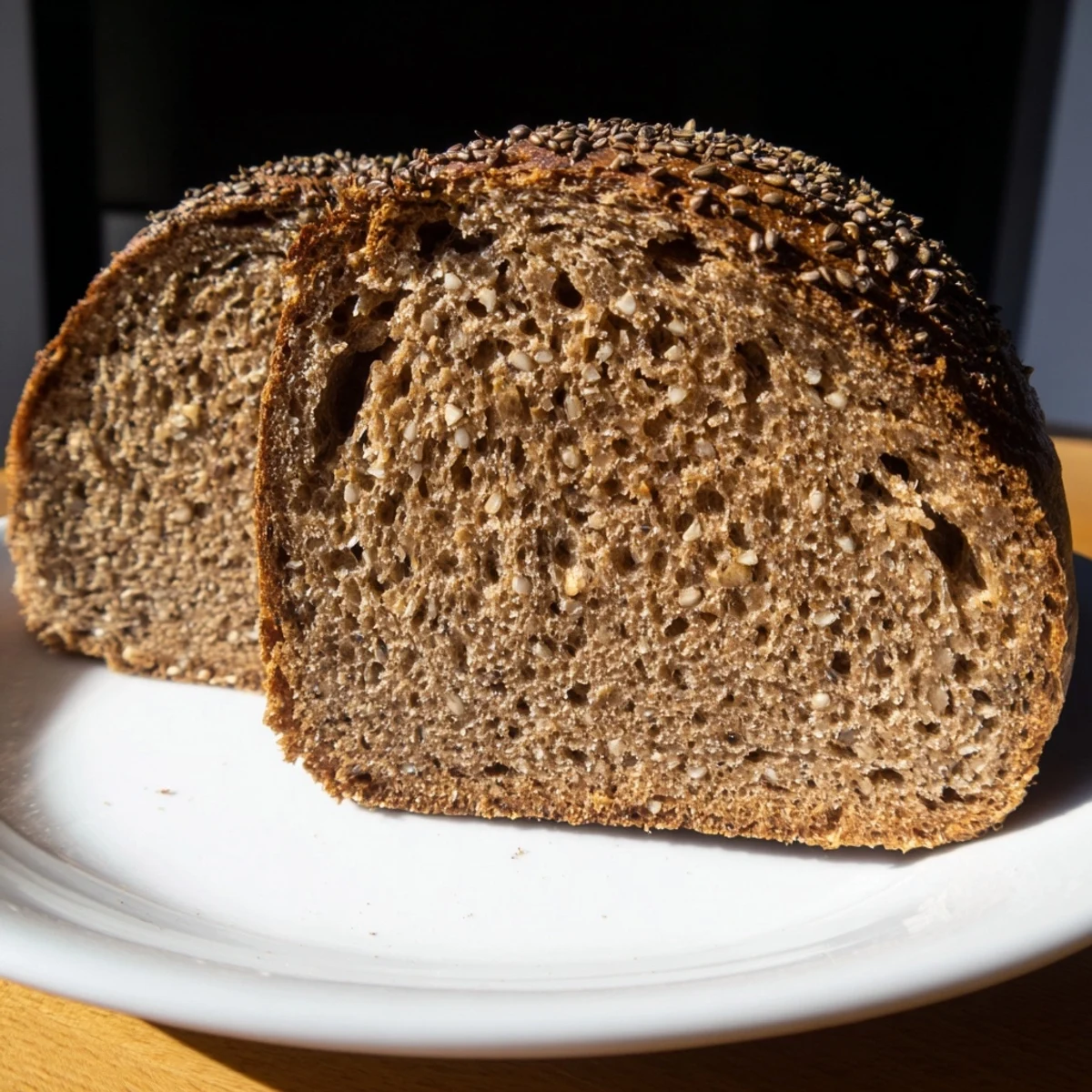 A warm slice of freshly baked Estonian Leib sourdough, aromatic with caraway, and delicious.