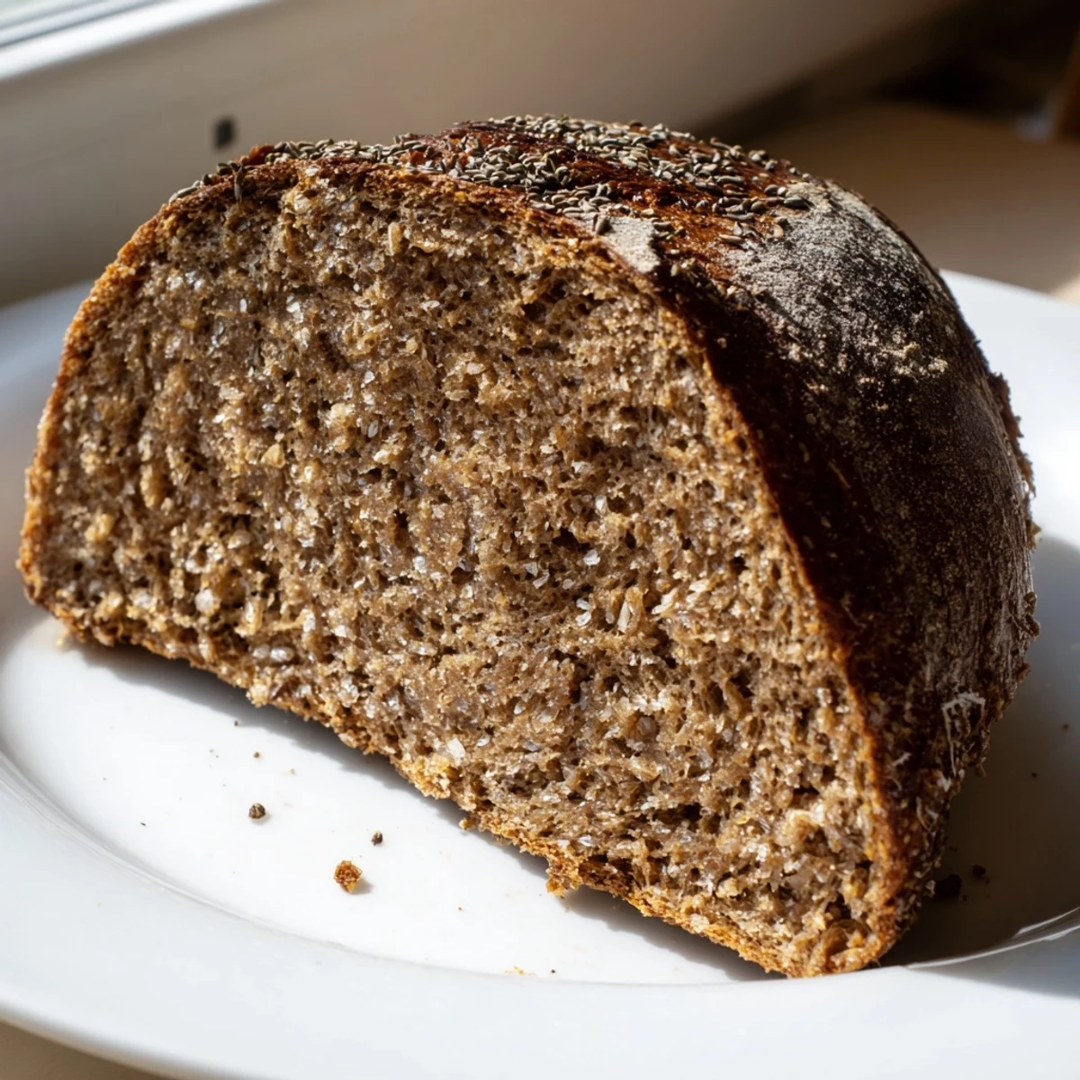 Crusty Estonian Leib sourdough bread, dark and hearty, perfect next to cheese and butter.