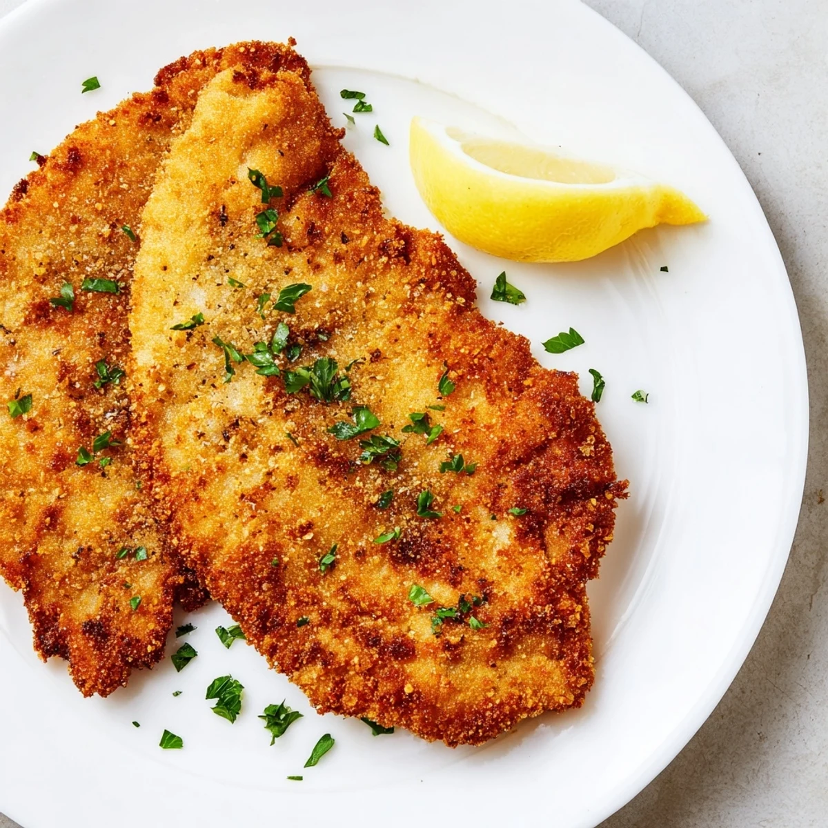 Golden-brown Austrian Wiener Schnitzel, perfectly fried and ready to be enjoyed with a squeeze of lemon.