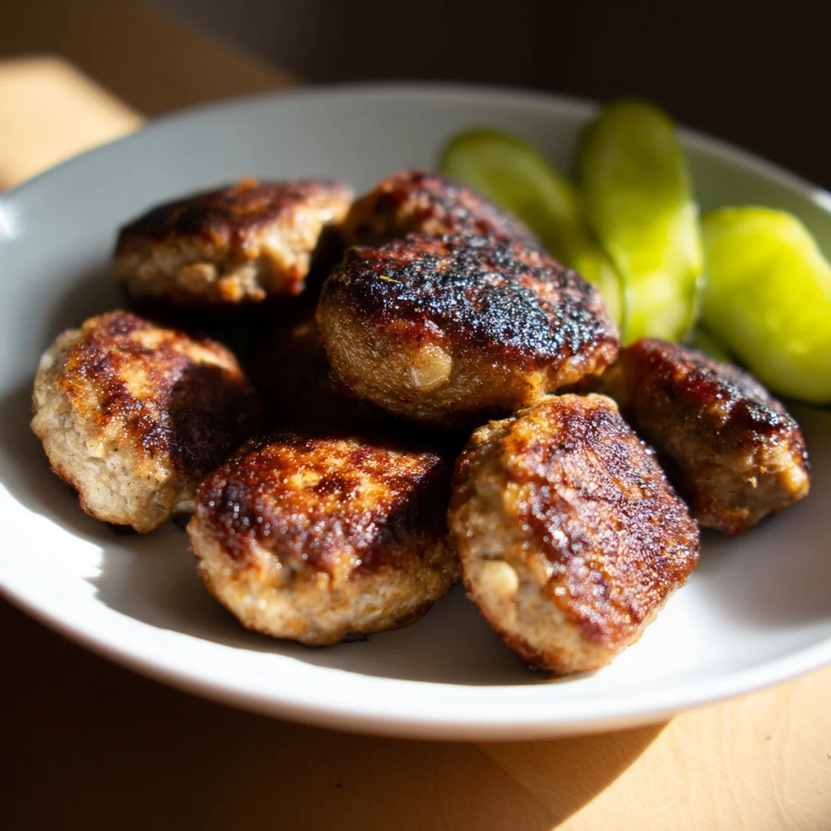 A close-up of delicious Danish frikadeller, showcasing their savory aroma with served pickles.