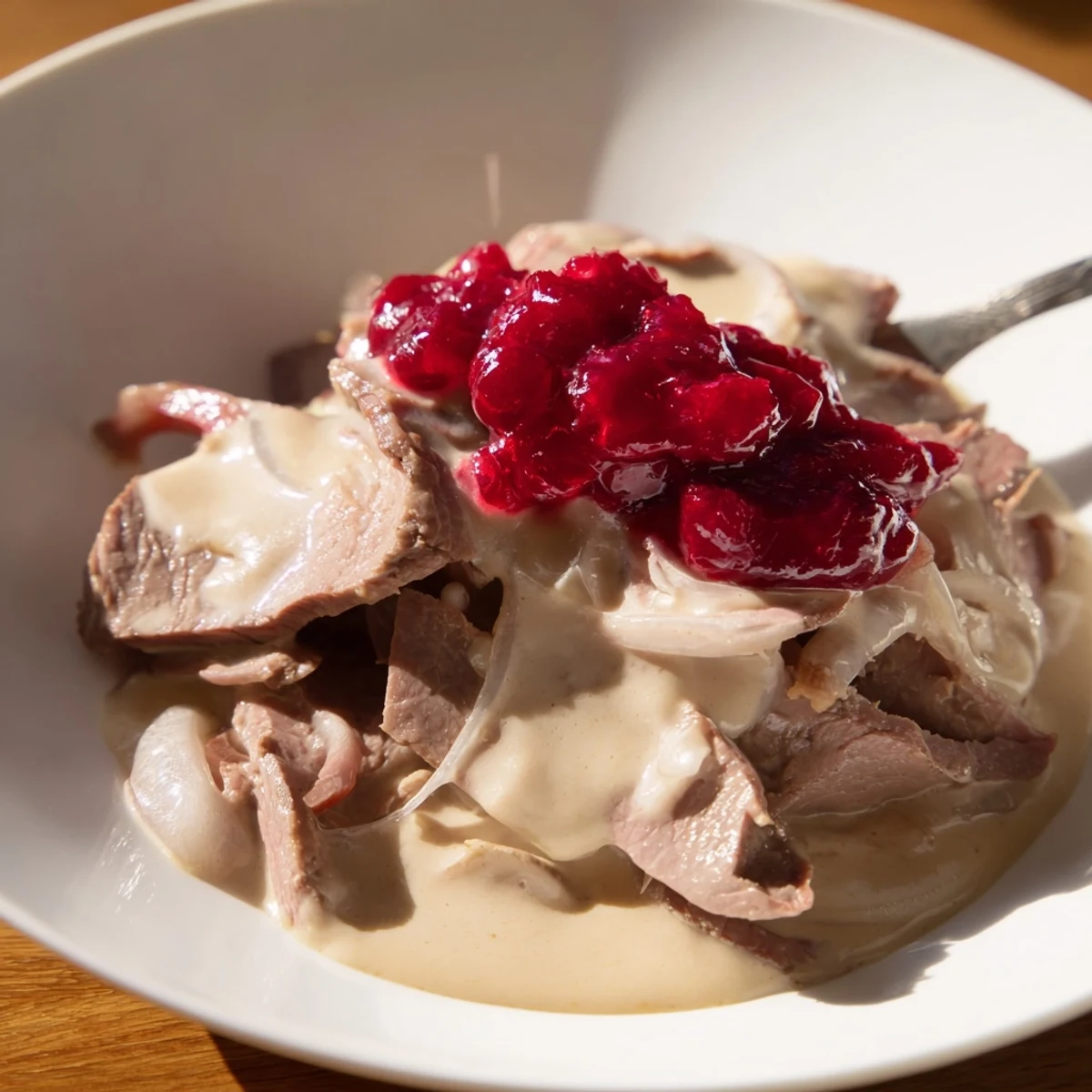 Tender Finnish reindeer stew simmering in a hearty broth, ready to serve with creamy mashed potatoes.