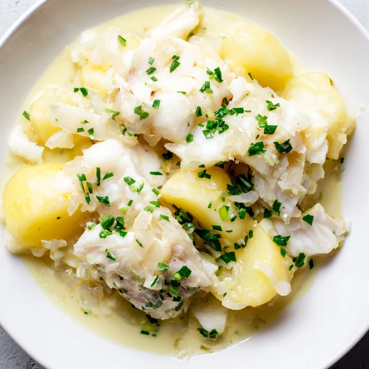 Creamy Icelandic Fish Stew, filled with tender fish and potatoes, garnished with fresh herbs.