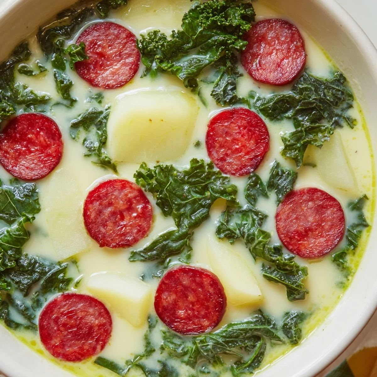 Steaming bowl of Portuguese Caldo Verde, a hearty soup with chorizo, kale and potatoes.