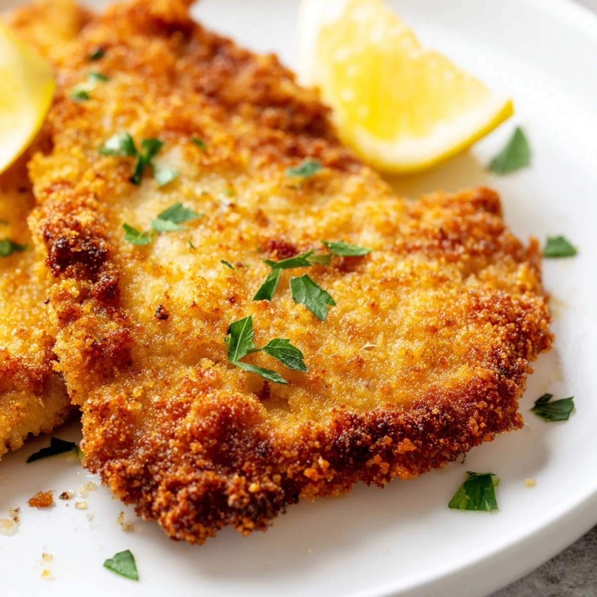 A close-up of a beautifully fried German Schnitzel cutlet, a classic German dish.