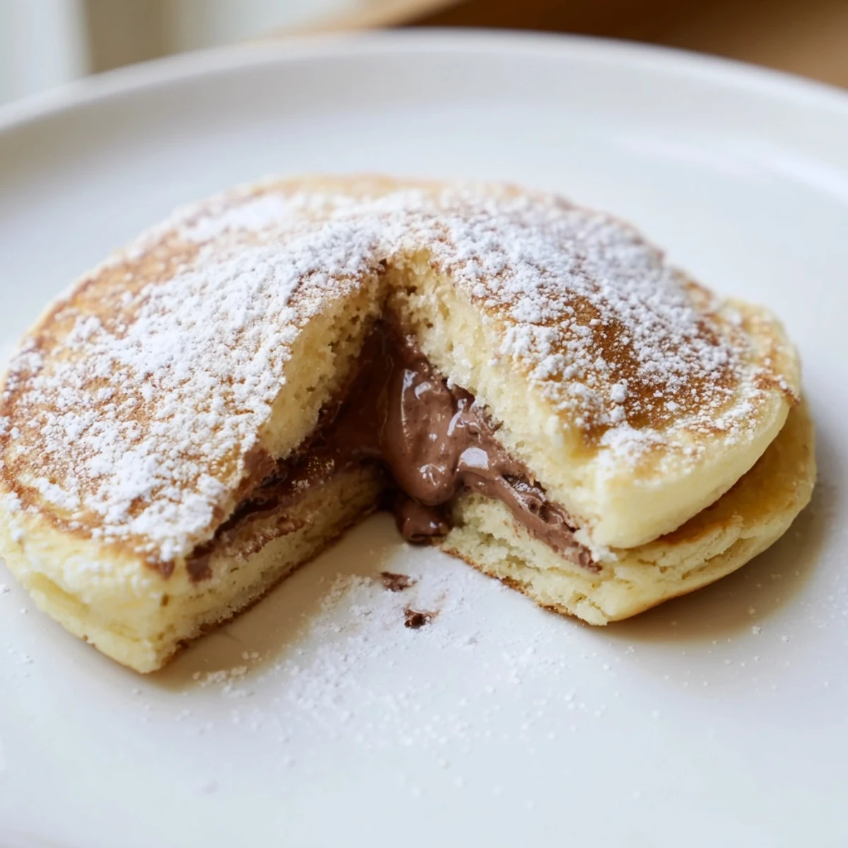Golden brown Nutella stuffed pancakes, oozing warm chocolate hazelnut, ready to eat.