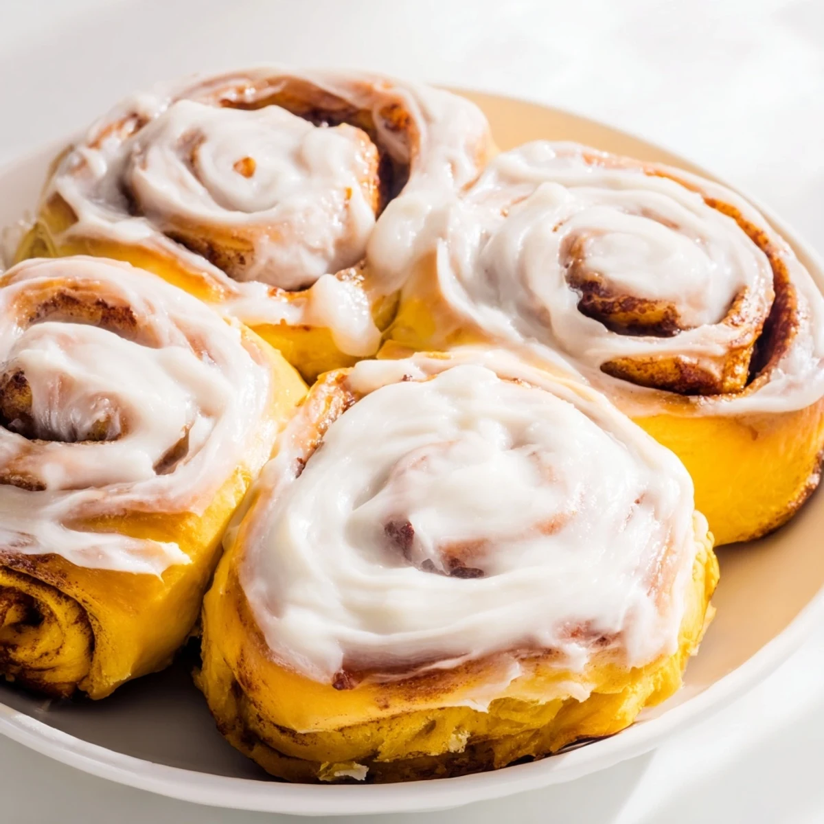 Fluffy pumpkin cinnamon rolls, frosted and ready to eat: a decadent autumn breakfast treat.