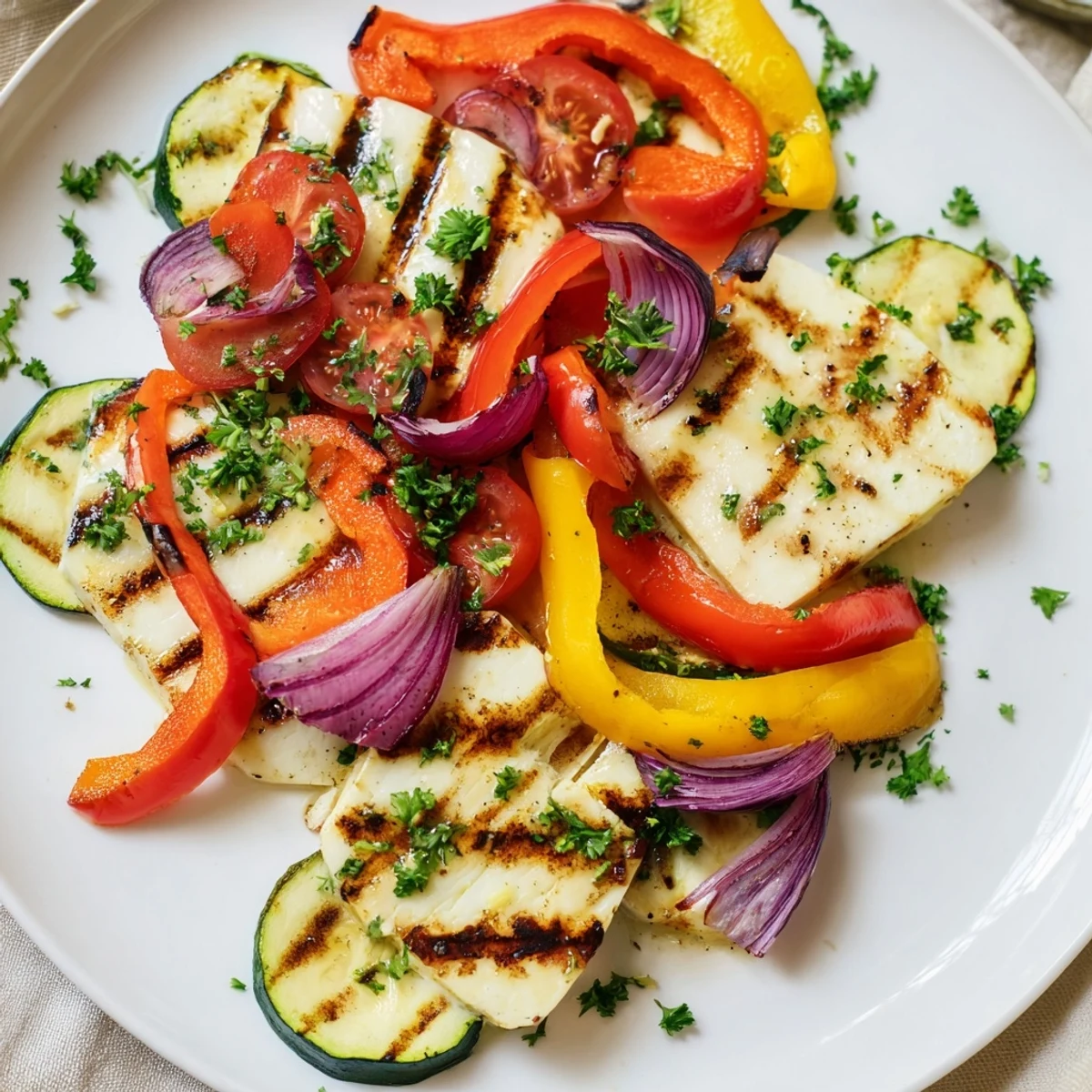 Sizzling, golden-brown Grilled Halloumi Cheese Steaks offer a satisfying vegetarian main, topped with fresh grilled vegetables.