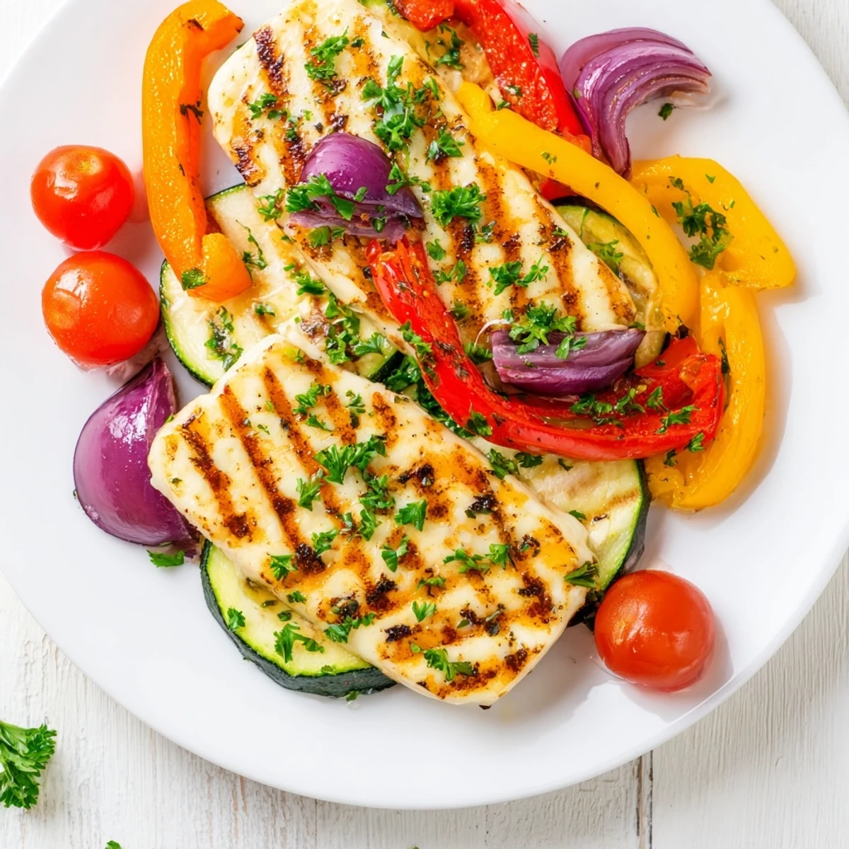 Grilled Halloumi Cheese Steaks, perfectly grilled with colorful veggies, are a flavorful vegetarian meal.